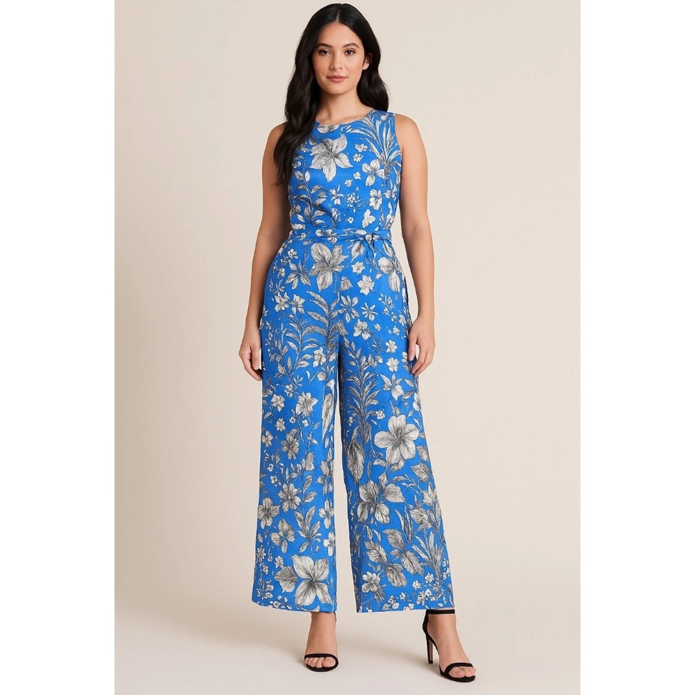 NEW J.CREW Women’s Jumpsuit Blue & White Tropical Print 100% linen Size 0